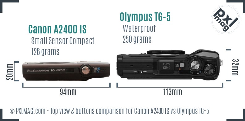 Canon A2400 IS vs Olympus TG-5 top view buttons comparison