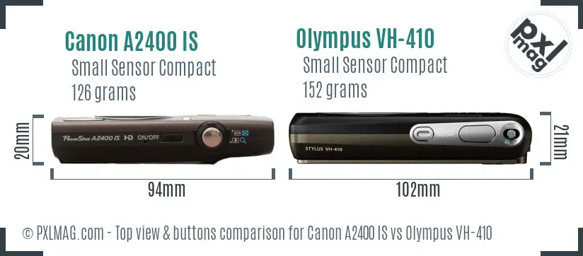 Canon A2400 IS vs Olympus VH-410 top view buttons comparison