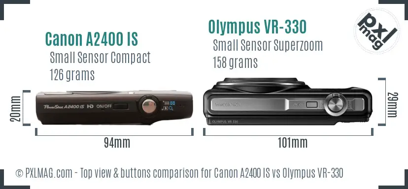 Canon A2400 IS vs Olympus VR-330 top view buttons comparison
