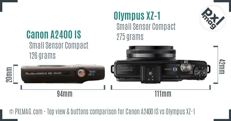 Canon A2400 IS vs Olympus XZ-1 top view buttons comparison