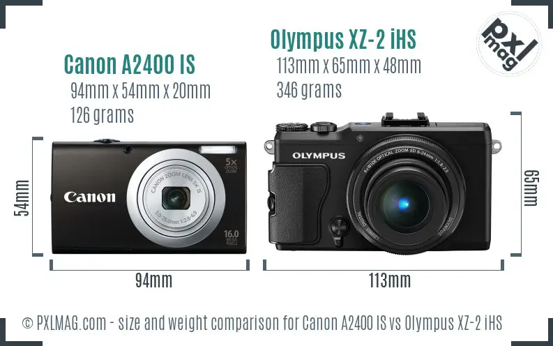 Canon A2400 IS vs Olympus XZ-2 iHS size comparison