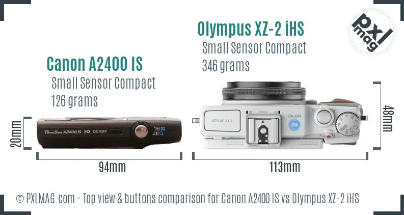Canon A2400 IS vs Olympus XZ-2 iHS top view buttons comparison