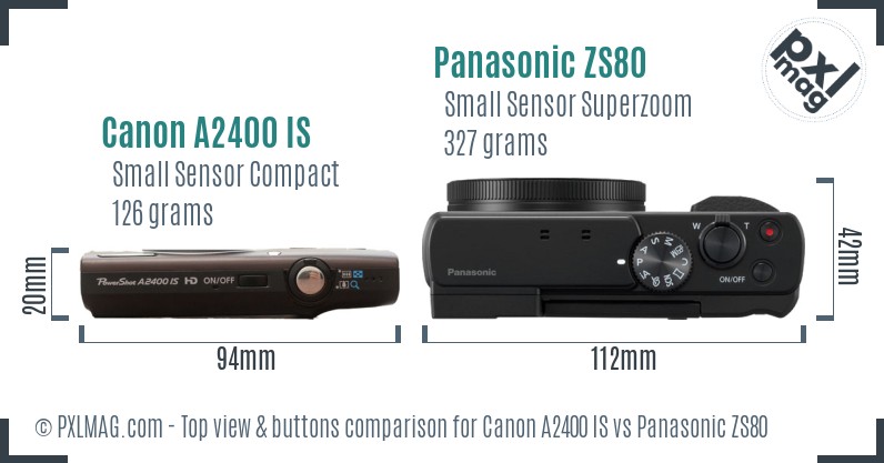 Canon A2400 IS vs Panasonic ZS80 top view buttons comparison