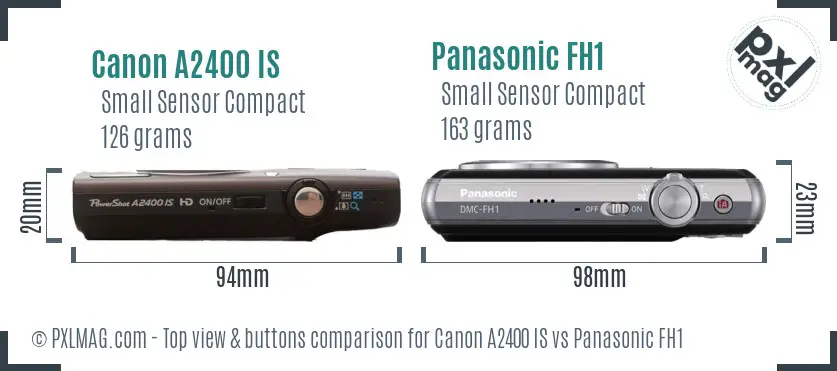 Canon A2400 IS vs Panasonic FH1 top view buttons comparison