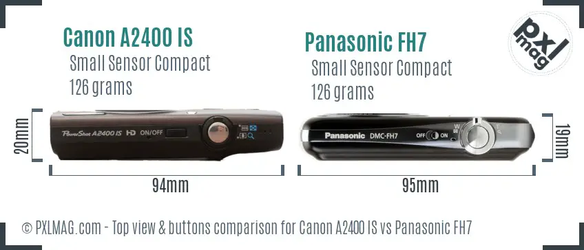 Canon A2400 IS vs Panasonic FH7 top view buttons comparison Canon A2400 IS vs Panasonic FH7 top view buttons comparison