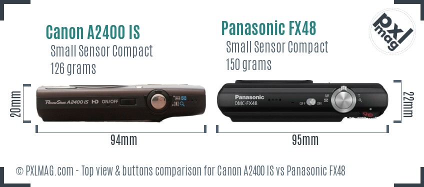 Canon A2400 IS vs Panasonic FX48 top view buttons comparison