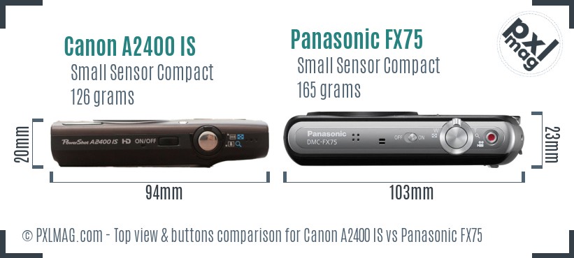 Canon A2400 IS vs Panasonic FX75 top view buttons comparison