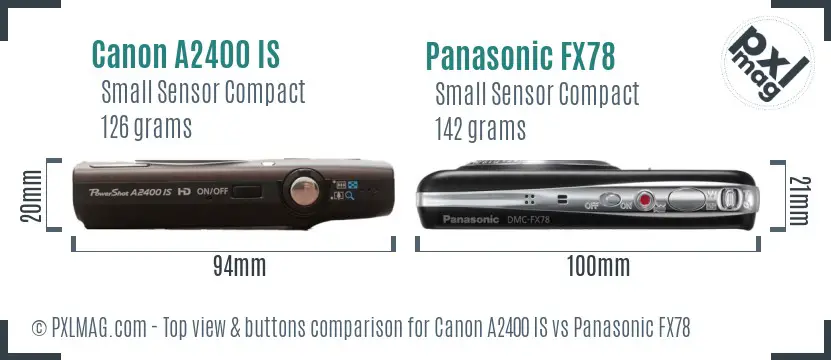 Canon A2400 IS vs Panasonic FX78 top view buttons comparison Canon A2400 IS vs Panasonic FX78 top view buttons comparison