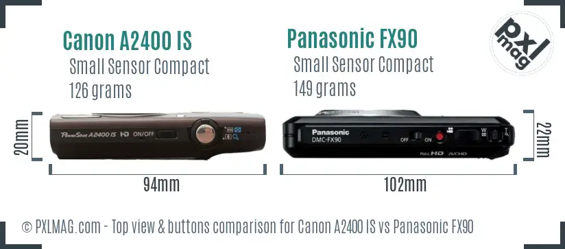 Canon A2400 IS vs Panasonic FX90 top view buttons comparison