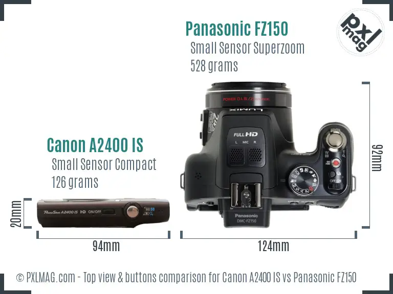 Canon A2400 IS vs Panasonic FZ150 top view buttons comparison