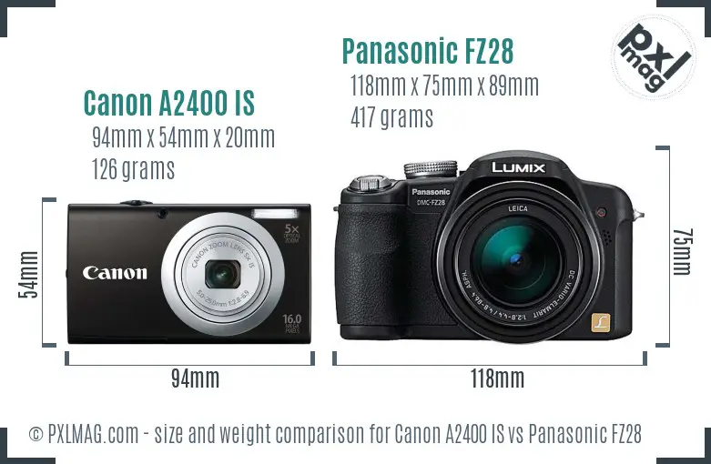Canon A2400 IS vs Panasonic FZ28 size comparison