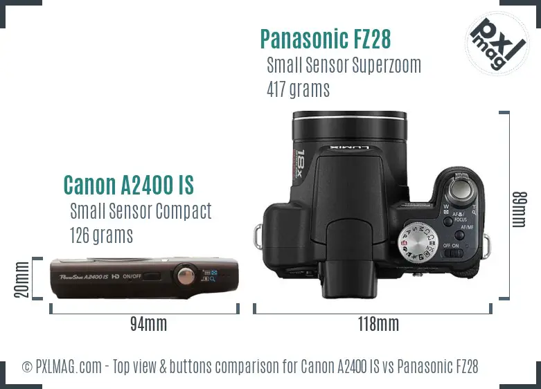 Canon A2400 IS vs Panasonic FZ28 top view buttons comparison