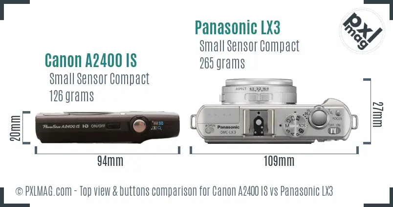 Canon A2400 IS vs Panasonic LX3 top view buttons comparison