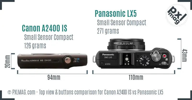 Canon A2400 IS vs Panasonic LX5 top view buttons comparison