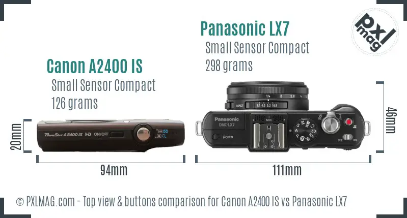 Canon A2400 IS vs Panasonic LX7 top view buttons comparison