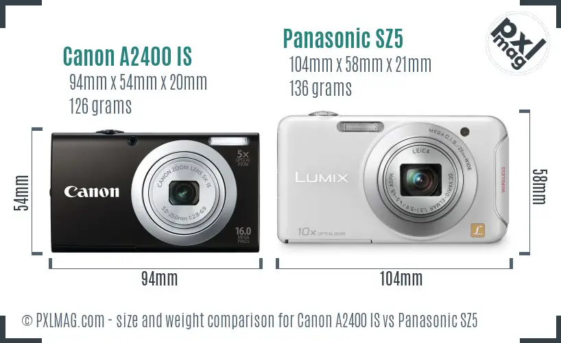 Canon A2400 IS vs Panasonic SZ5 size comparison