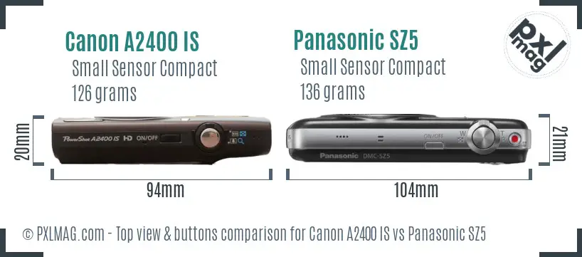 Canon A2400 IS vs Panasonic SZ5 top view buttons comparison