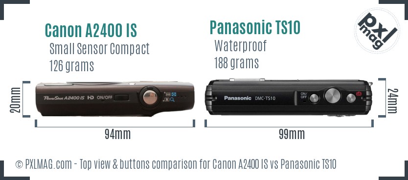 Canon A2400 IS vs Panasonic TS10 top view buttons comparison