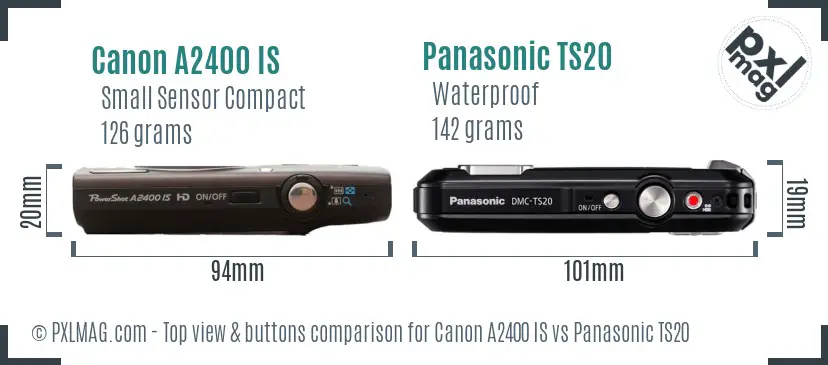 Canon A2400 IS vs Panasonic TS20 top view buttons comparison