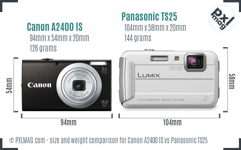 Canon A2400 IS vs Panasonic TS25 size comparison