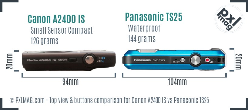 Canon A2400 IS vs Panasonic TS25 top view buttons comparison