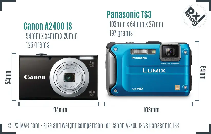 Canon A2400 IS vs Panasonic TS3 size comparison