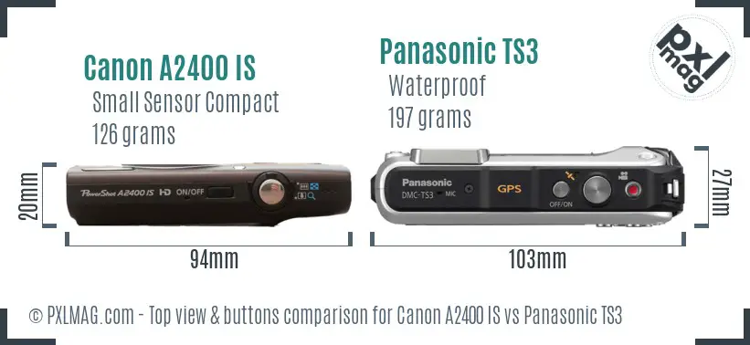 Canon A2400 IS vs Panasonic TS3 top view buttons comparison