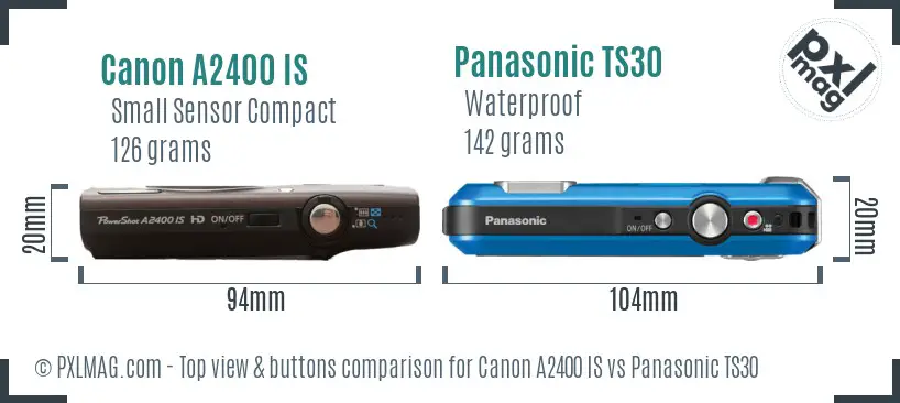 Canon A2400 IS vs Panasonic TS30 top view buttons comparison Canon A2400 IS vs Panasonic TS30 top view buttons comparison