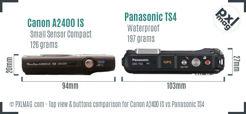 Canon A2400 IS vs Panasonic TS4 top view buttons comparison