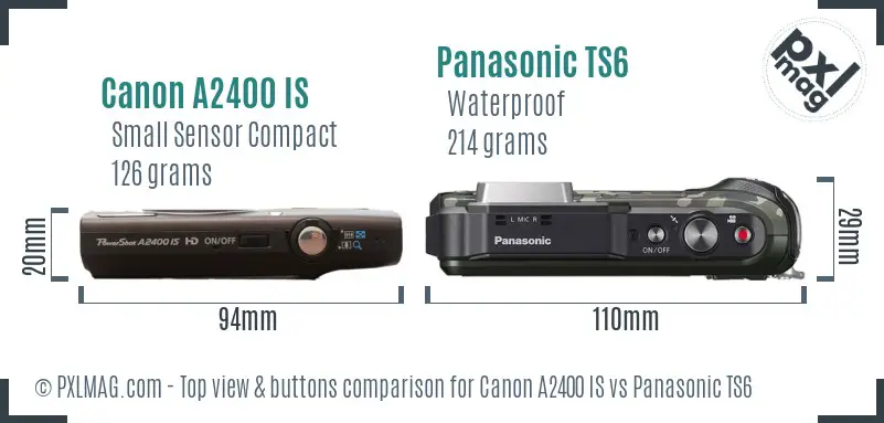 Canon A2400 IS vs Panasonic TS6 top view buttons comparison