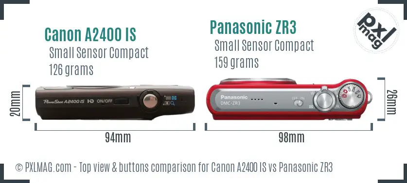 Canon A2400 IS vs Panasonic ZR3 top view buttons comparison
