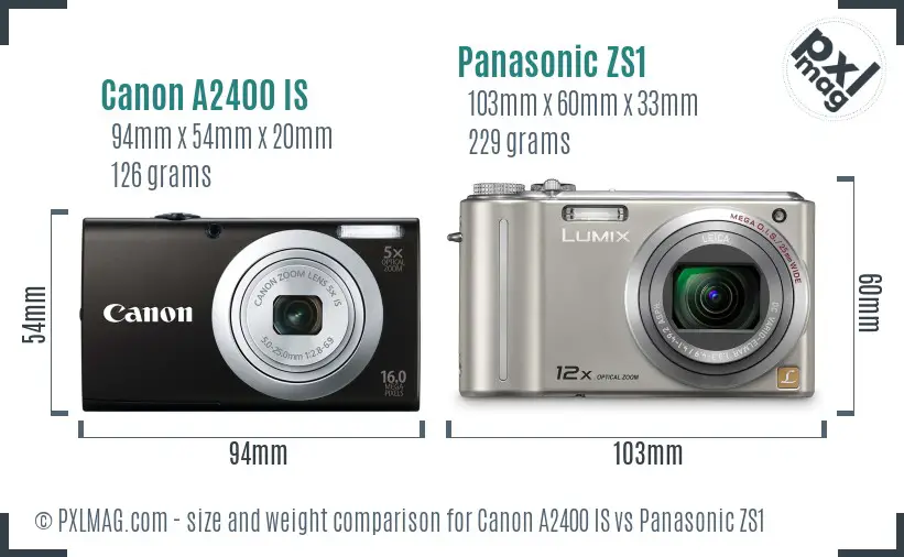 Canon A2400 IS vs Panasonic ZS1 size comparison