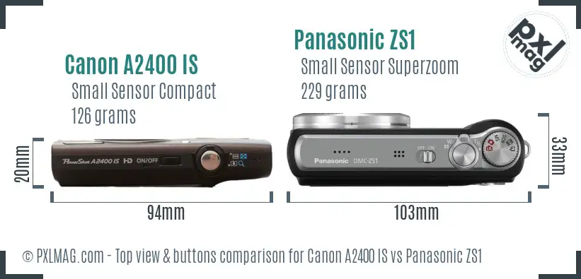 Canon A2400 IS vs Panasonic ZS1 top view buttons comparison