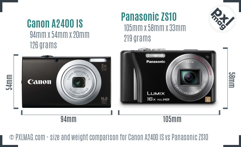Canon A2400 IS vs Panasonic ZS10 size comparison