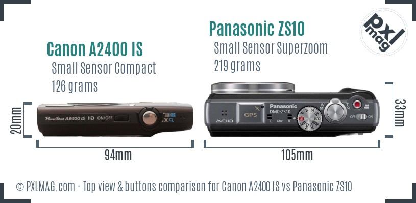 Canon A2400 IS vs Panasonic ZS10 top view buttons comparison