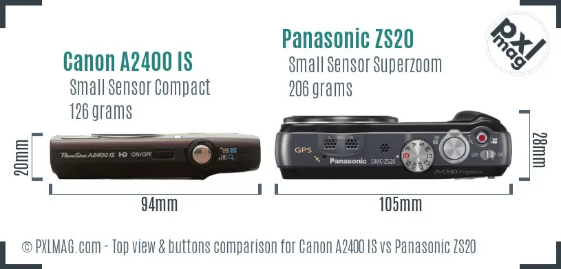 Canon A2400 IS vs Panasonic ZS20 top view buttons comparison