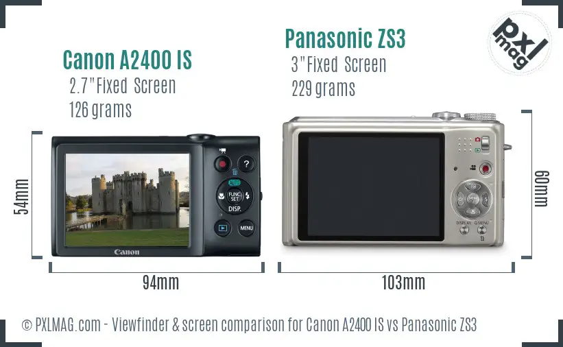 Canon A2400 IS vs Panasonic ZS3 Screen and Viewfinder comparison