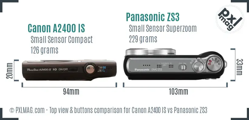 Canon A2400 IS vs Panasonic ZS3 top view buttons comparison