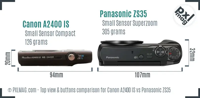 Canon A2400 IS vs Panasonic ZS35 top view buttons comparison