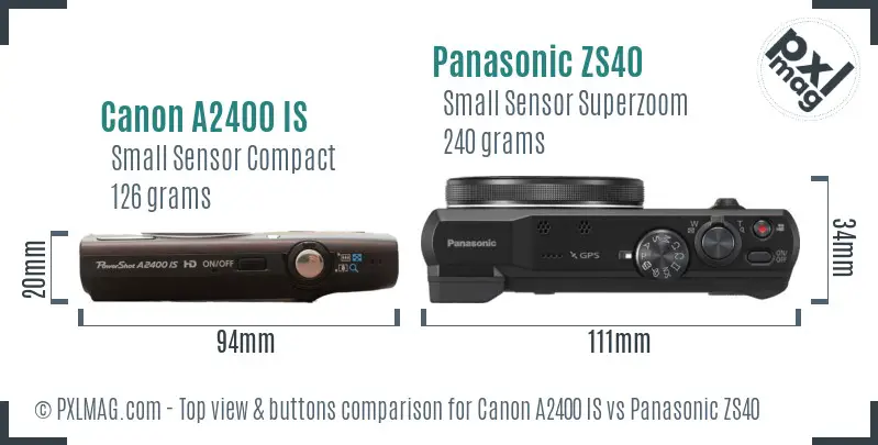 Canon A2400 IS vs Panasonic ZS40 top view buttons comparison