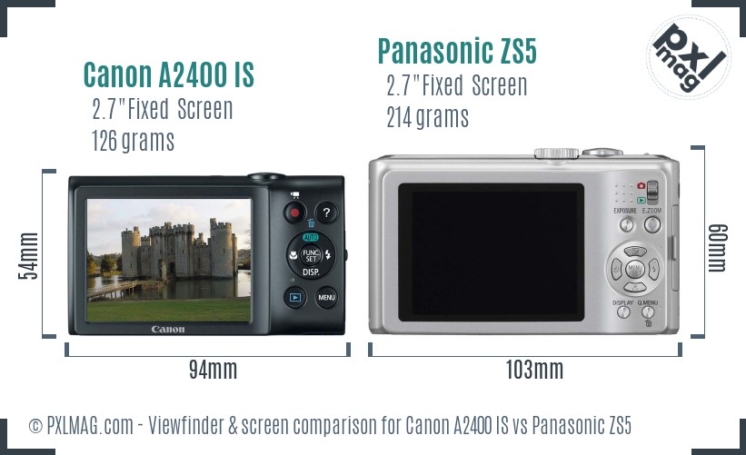 Canon A2400 IS vs Panasonic ZS5 Screen and Viewfinder comparison