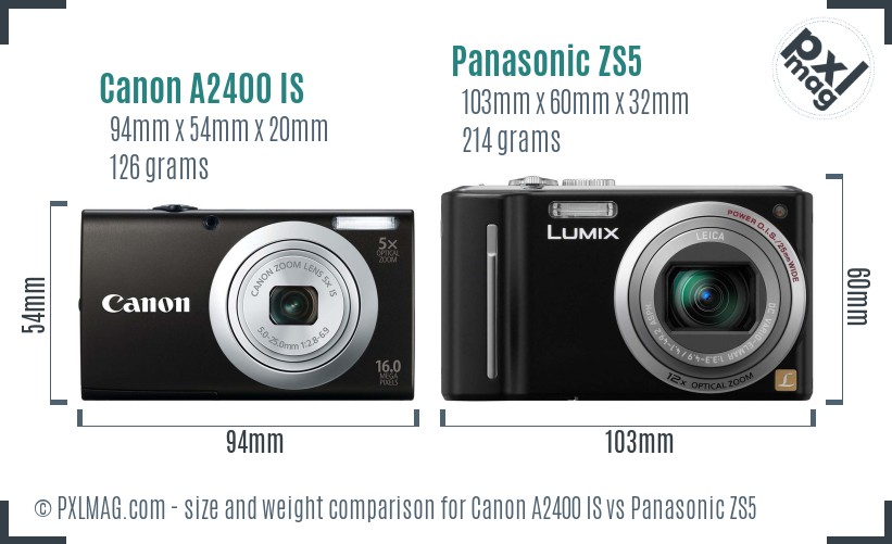 Canon A2400 IS vs Panasonic ZS5 size comparison
