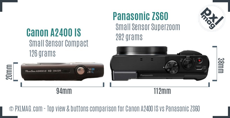 Canon A2400 IS vs Panasonic ZS60 top view buttons comparison