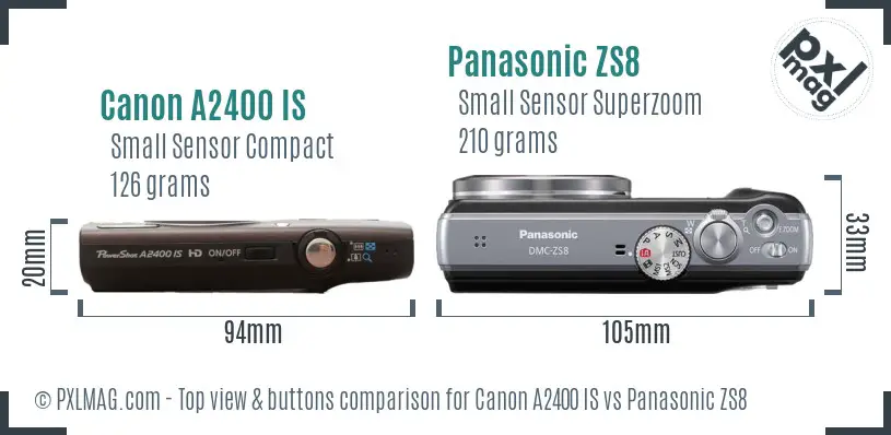 Canon A2400 IS vs Panasonic ZS8 top view buttons comparison Canon A2400 IS vs Panasonic ZS8 top view buttons comparison
