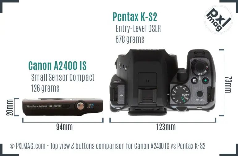 Canon A2400 IS vs Pentax K-S2 top view buttons comparison