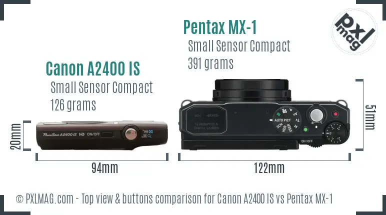 Canon A2400 IS vs Pentax MX-1 top view buttons comparison