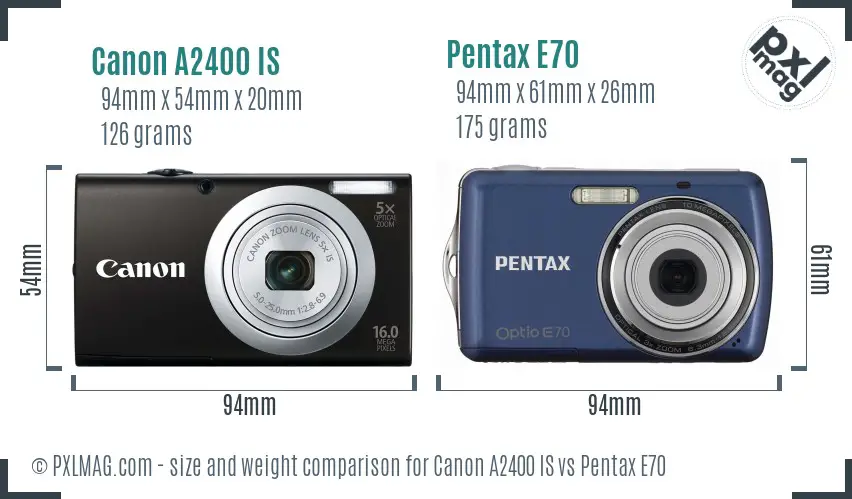 Canon A2400 IS vs Pentax E70 size comparison