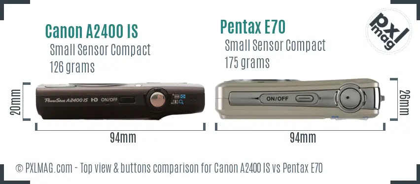 Canon A2400 IS vs Pentax E70 top view buttons comparison