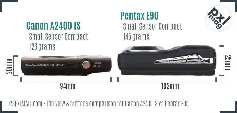 Canon A2400 IS vs Pentax E90 top view buttons comparison Canon A2400 IS vs Pentax E90 top view buttons comparison