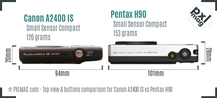 Canon A2400 IS vs Pentax H90 top view buttons comparison Canon A2400 IS vs Pentax H90 top view buttons comparison
